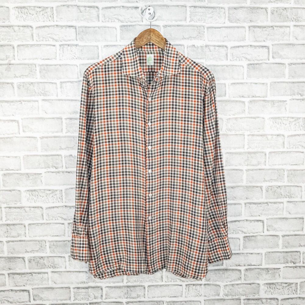 Finamore Napoli Men's Cotton button up Shirt multi color gingham check sz XL